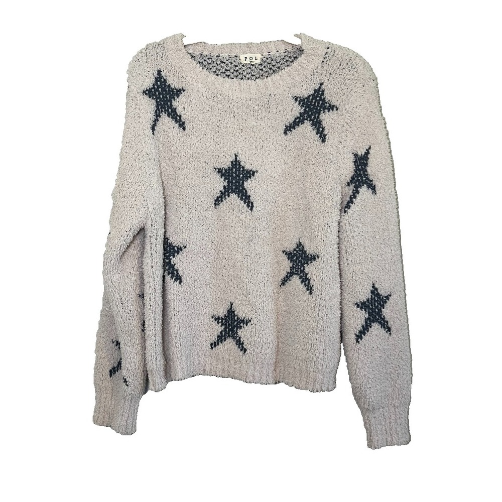 Pol Fuzzy Star Knit Sweater S Patrotic Classic Neutral Cozy Preppy Americana